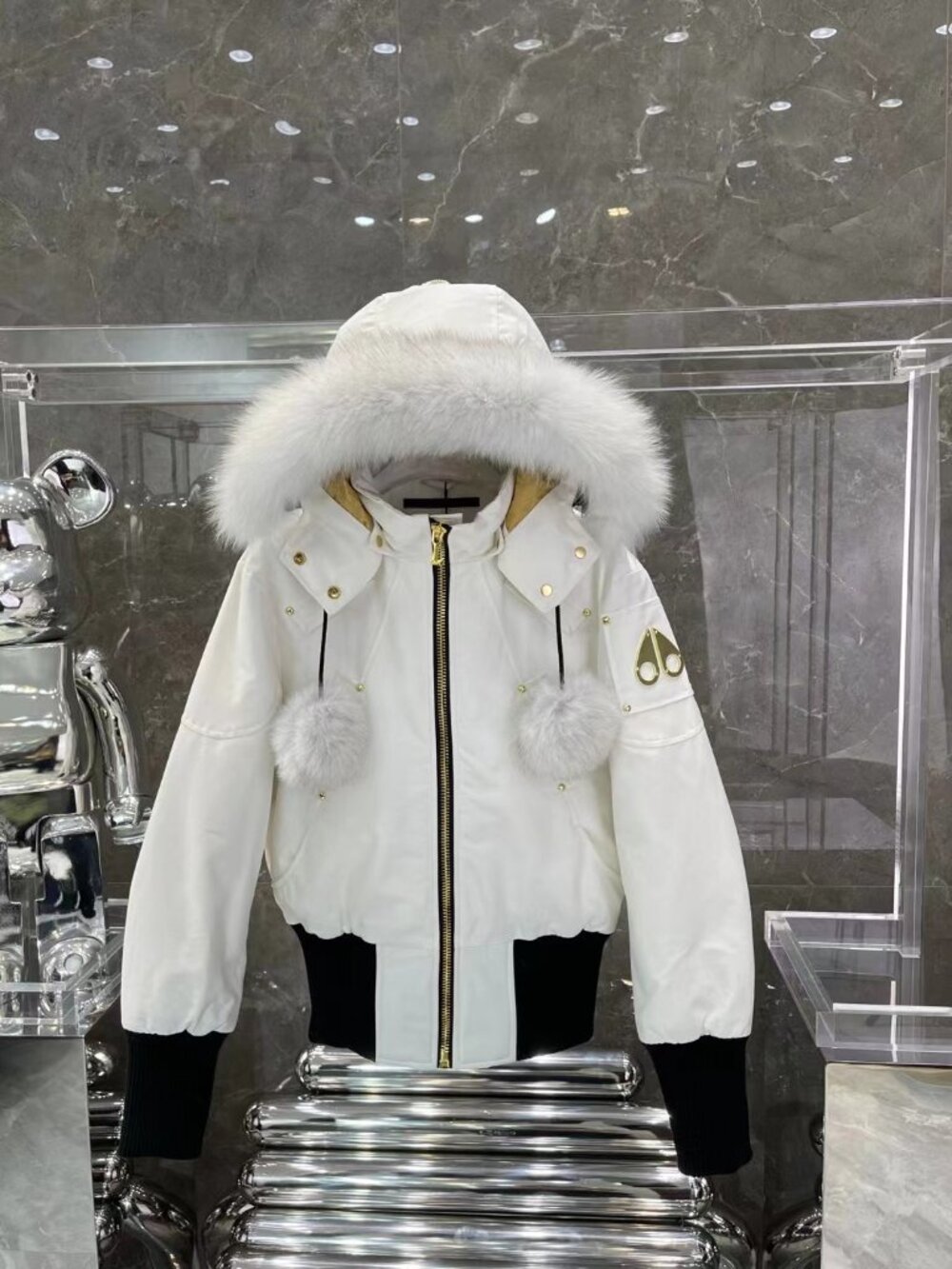 Moose Knuckles White Bomber Parka White Fur Hood Gold Hardware Down Jacket